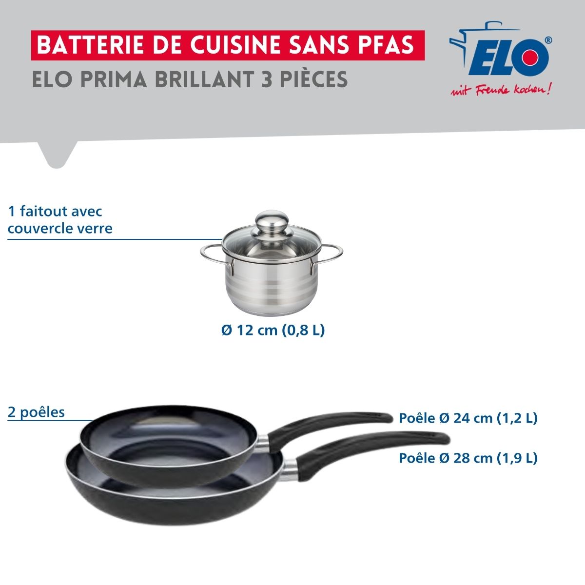 Ensemble de 2 Poêles de cuisson 24 et 28 cm et 1 faitout 12 cm  Prima Brillant Elo - Mathon - 2