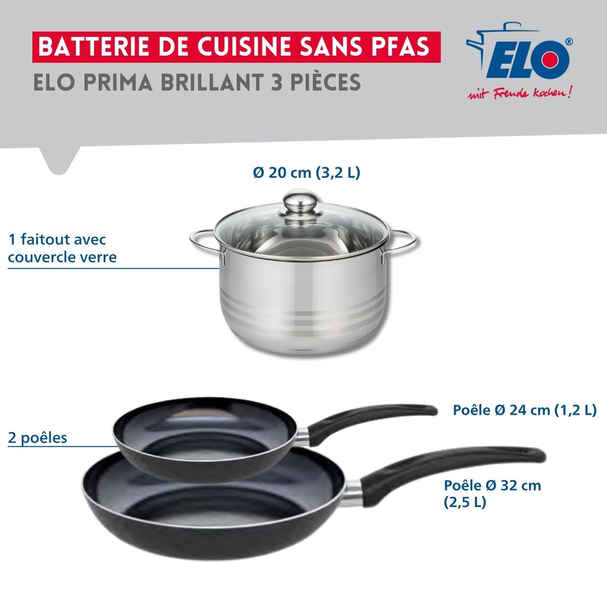 Ensemble de 2 Poêles de cuisson 24 et 32 cm et 1 faitout 20 cm  Prima Brillant Elo - Mathon - 2