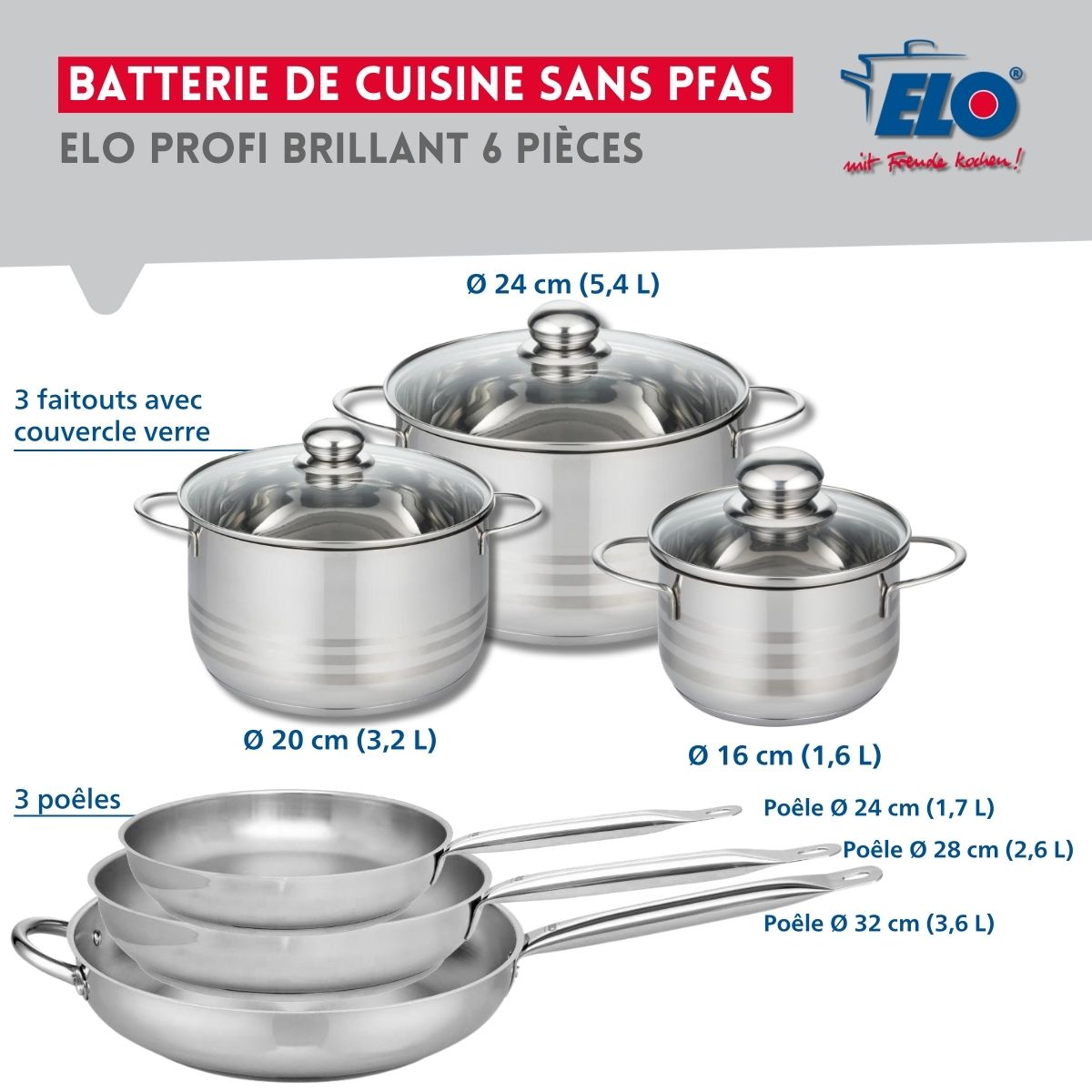 Ensemble de 3 Poêles de cuisson 24, 28 et 32 cm et 3 faitouts 16, 20 et 24 cm  Profi Brillant Elo - Mathon - 2