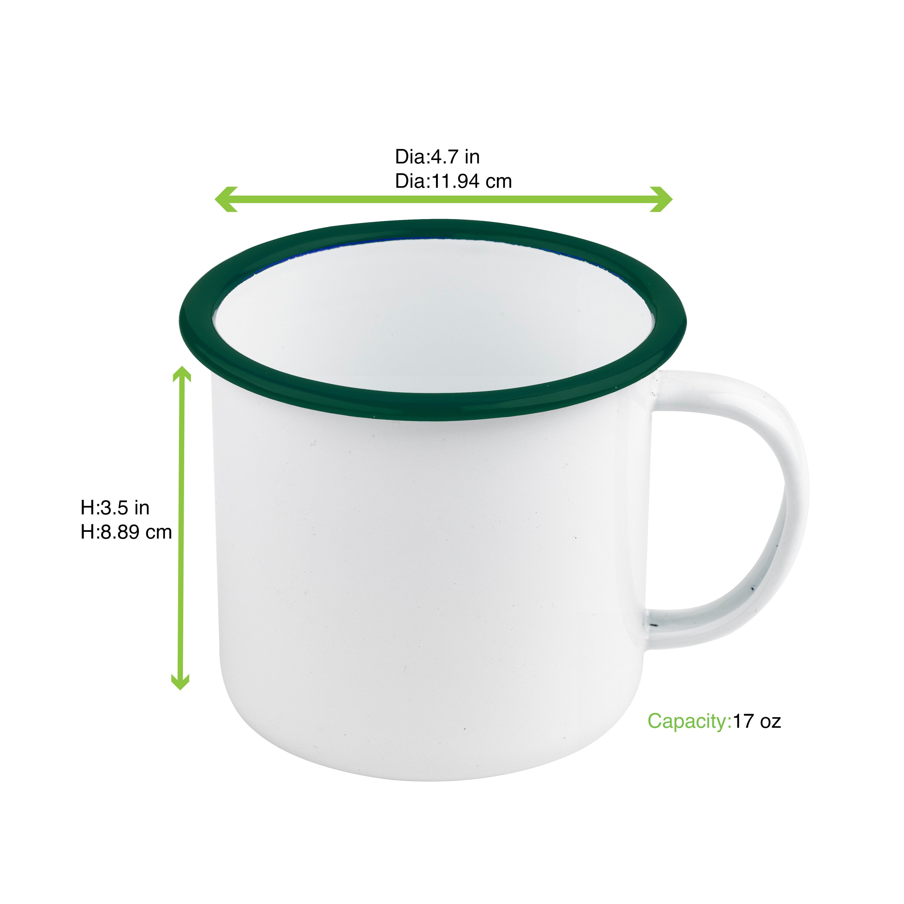 12Pcs - Mug Enamel blanc en acier émaillé à bord vert   H90mm 500ml FirstPack - Mathon - 2