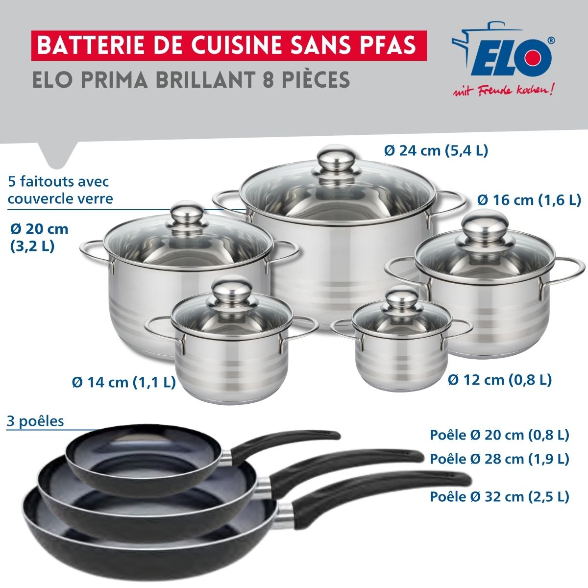 Ensemble de 3 Poêles de cuisson 20, 28 et 32 cm et 5 faitouts 12, 14, 16, 20 et 24 cm  Prima Brillant Elo - Mathon - 2
