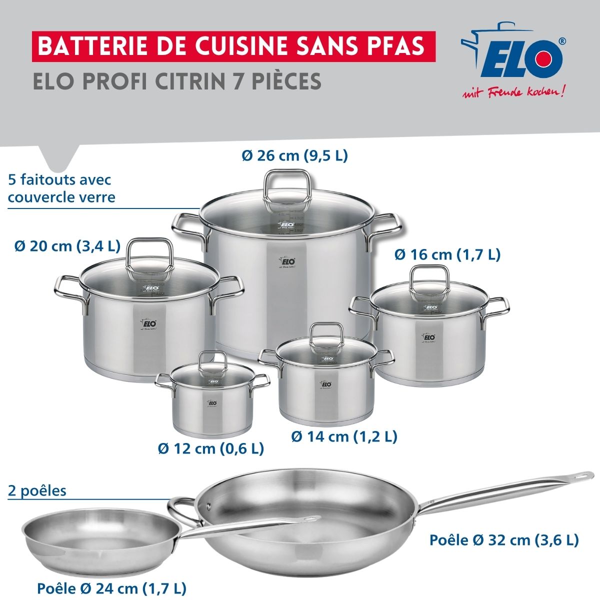 Ensemble de 2 Poêles de cuisson 24 et 32 cm et 5 faitouts 12, 14, 16, 20 et 26 cm  Profi Citrin Elo - Mathon - 2
