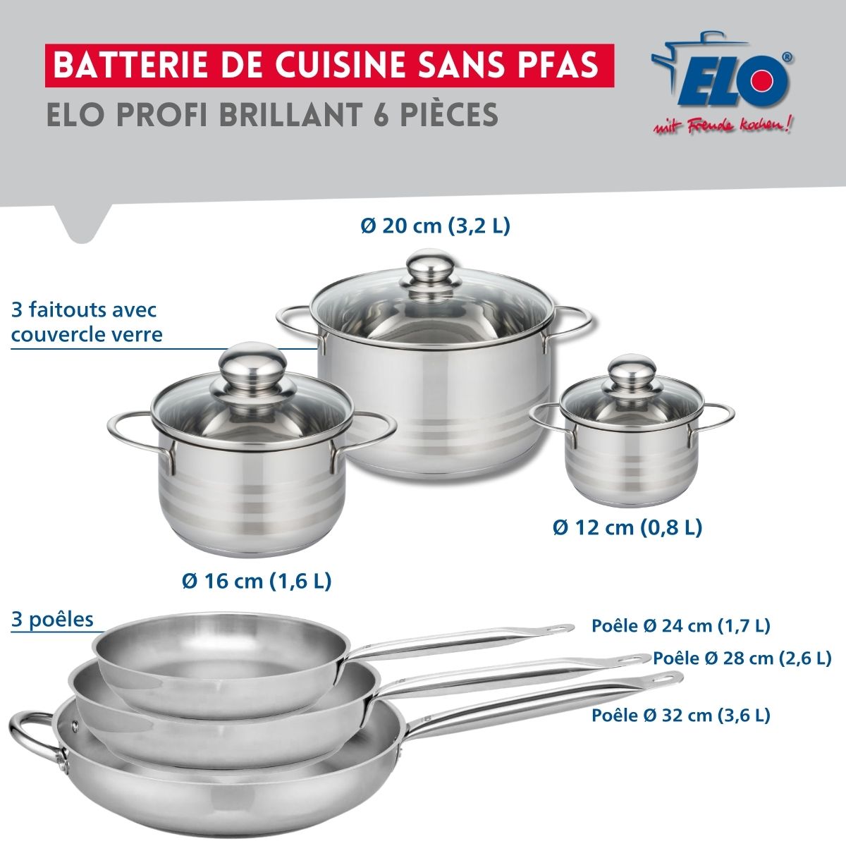 Ensemble de 3 Poêles de cuisson 24, 28 et 32 cm et 3 faitouts 12, 16 et 20 cm  Profi Brillant Elo - Mathon - 2