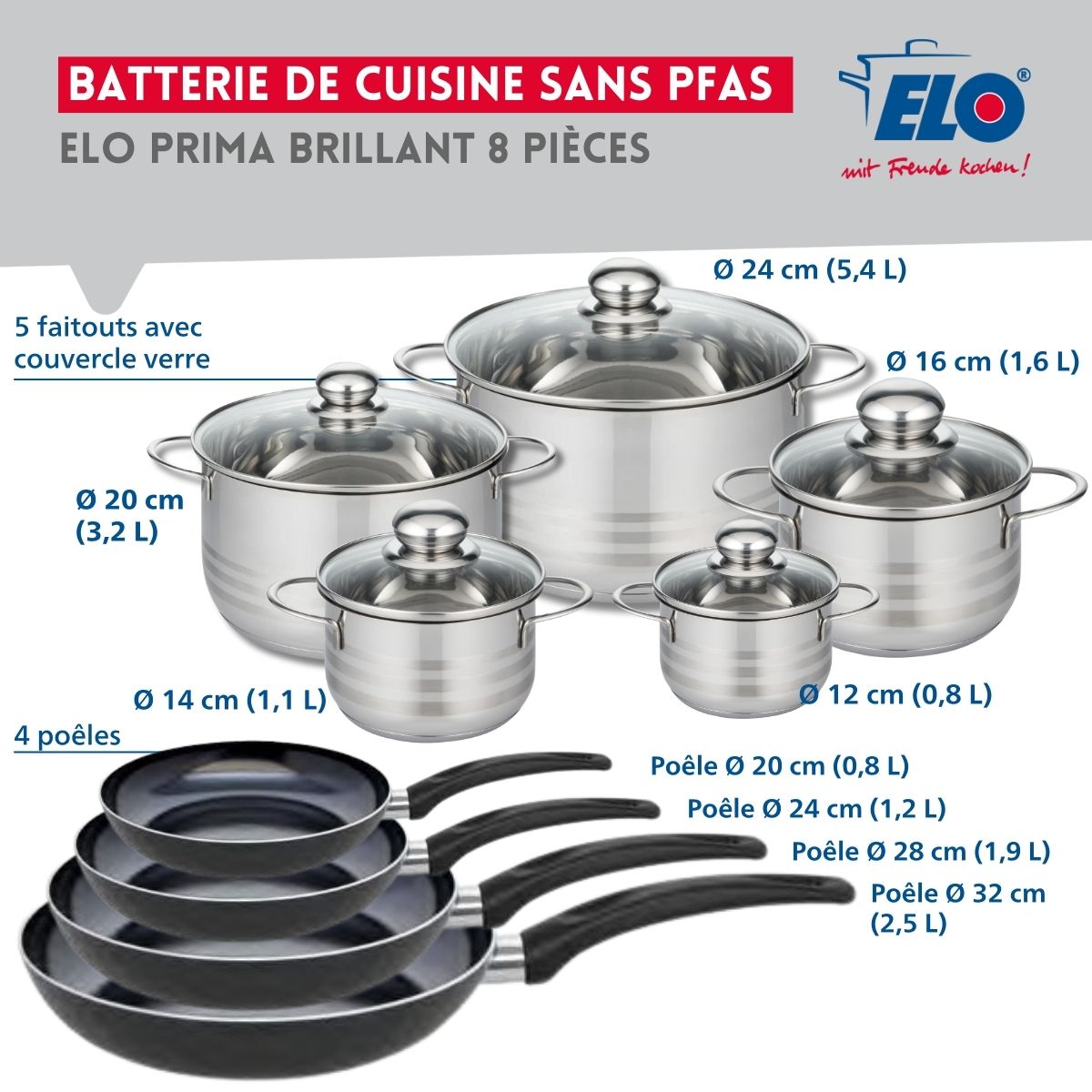 Ensemble de 4 Poêles de cuisson 20, 24, 28 et 32 cm et 5 faitouts 12, 14, 16, 20 et 24 cm  Prima Brillant Elo - Mathon - 2