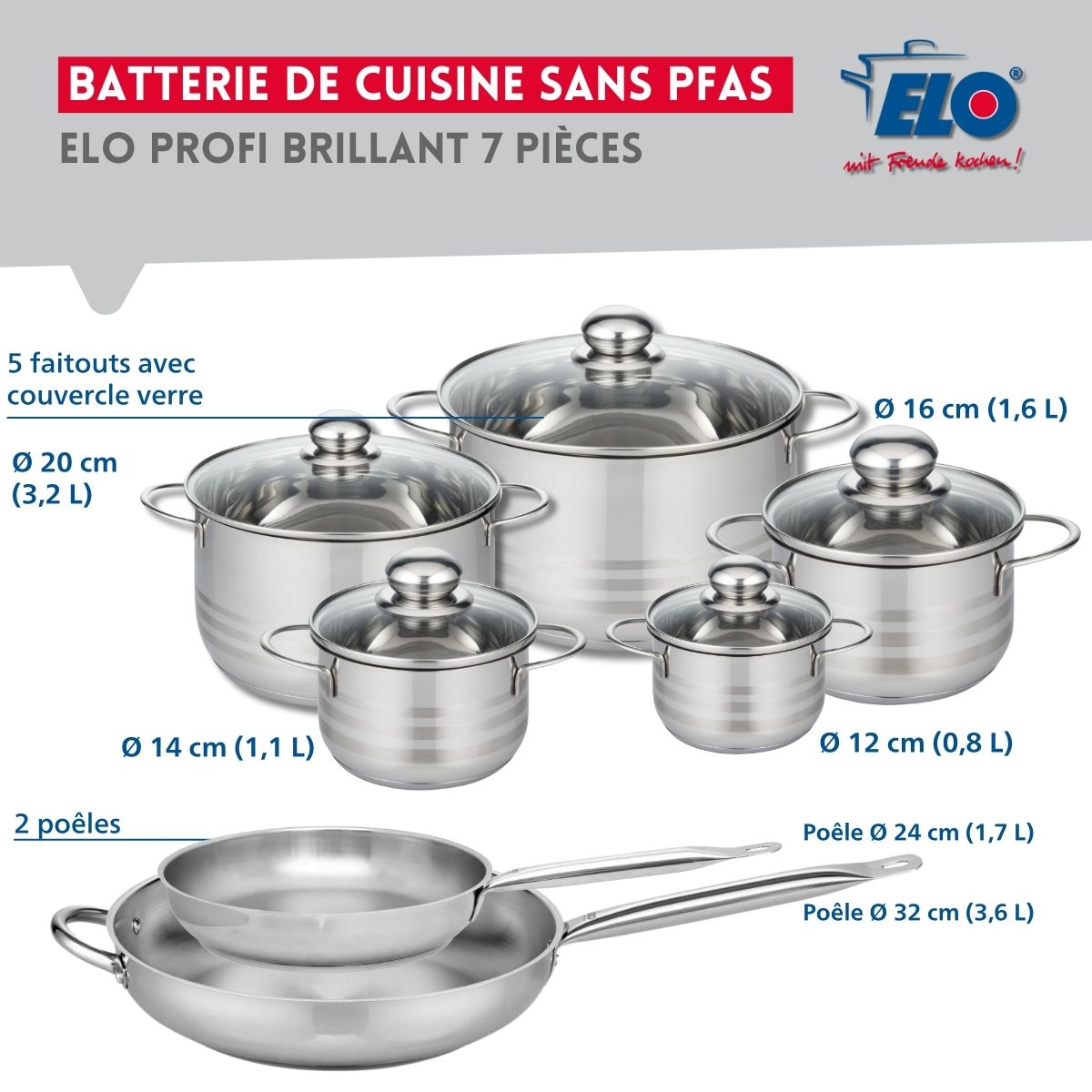 Ensemble de 2 Poêles de cuisson 24 et 32 cm et 5 faitouts 12, 14, 16, 20 et 24 cm  Profi Brillant Elo - Mathon - 2