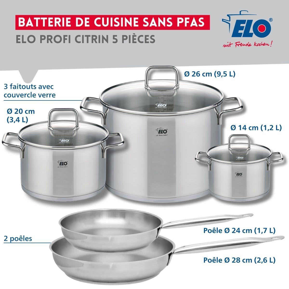 Ensemble de 2 Poêles de cuisson 24 et 28 cm et 3 faitouts 14, 20 et 26 cm  Profi Citrin Elo - Mathon - 2