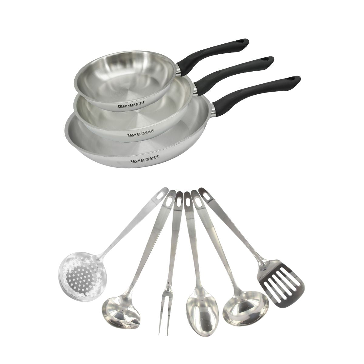 Set 3 poêles 20 24 et 28 cm en inox et 6 ustensiles inox  Geneva Fackelmann - Mathon - 1