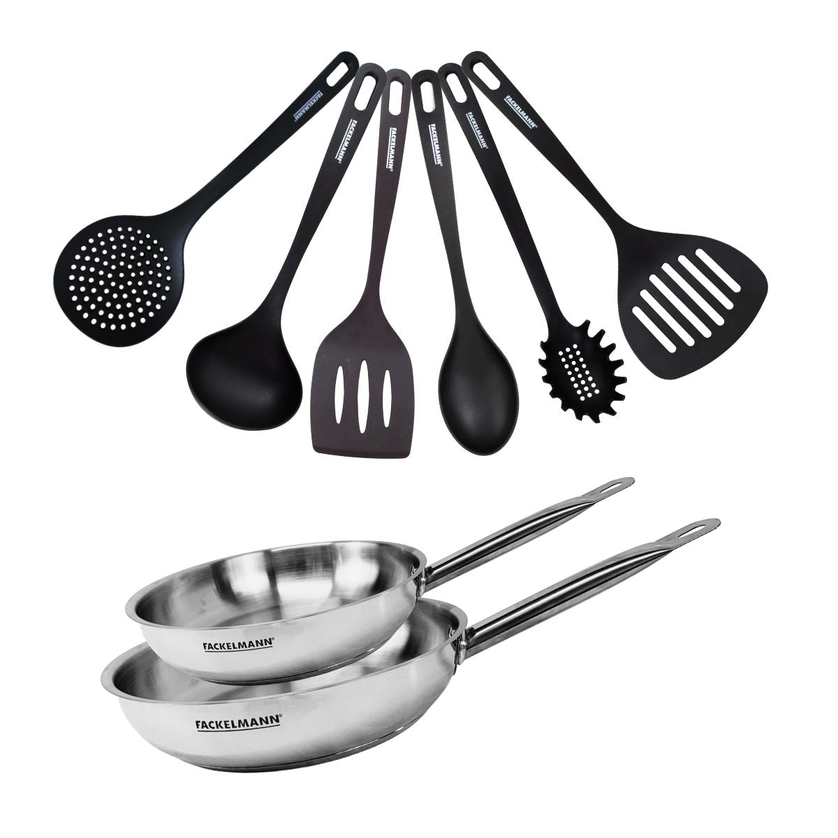 Set de 2 poêles 24 et 28 cm en inox et 6 ustensiles  Eterna Fackelmann - Mathon - 1