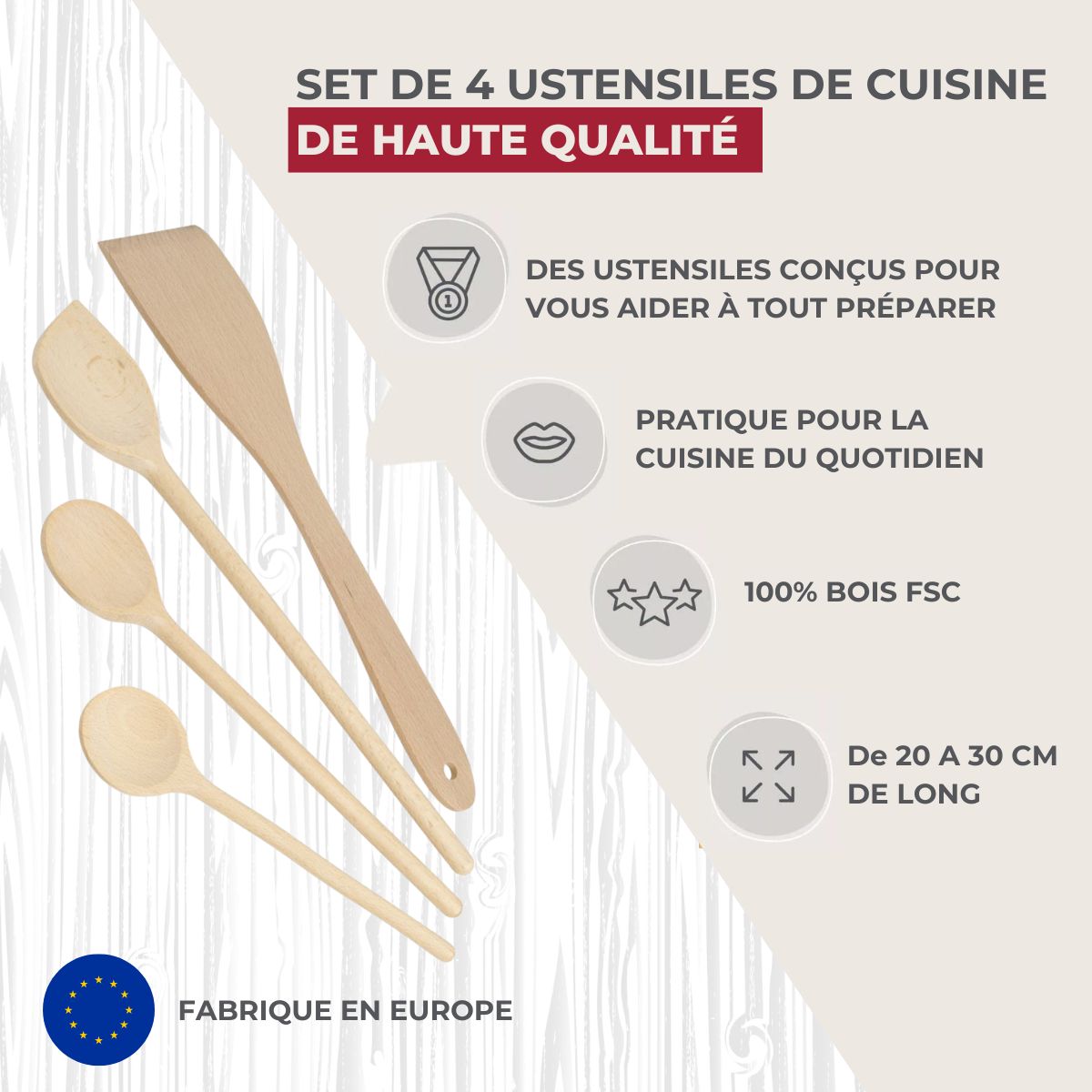 Set de 4 ustensiles de cuisine en bois FSC  Nature Fackelmann - Mathon - 2