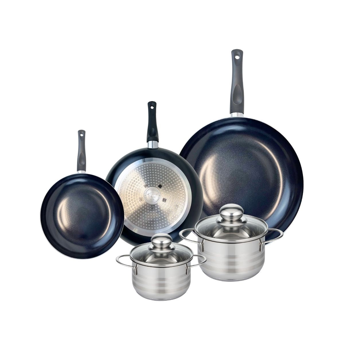 Ensemble de 3 Poêles de cuisson 20, 24 et 32 cm et 2 faitouts 14 et 16 cm  Prima Brillant Elo - Mathon - 1