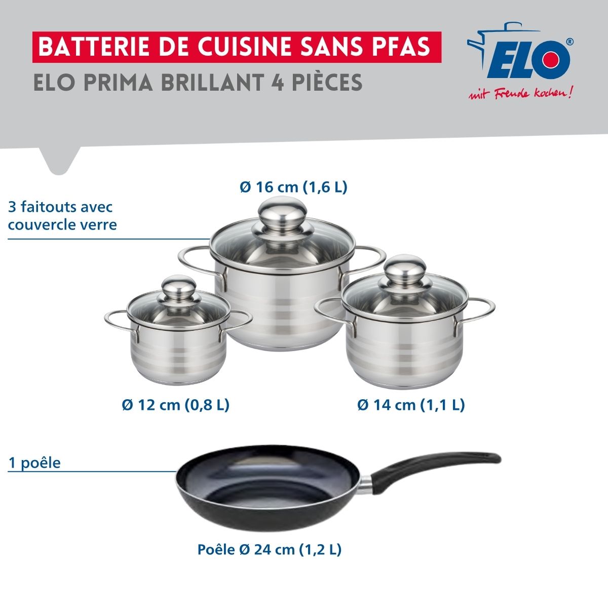 Ensemble de 1 Poêle de cuisson 24 cm et 3 faitouts 12, 14 et 16 cm  Prima Brillant Elo - Mathon - 2