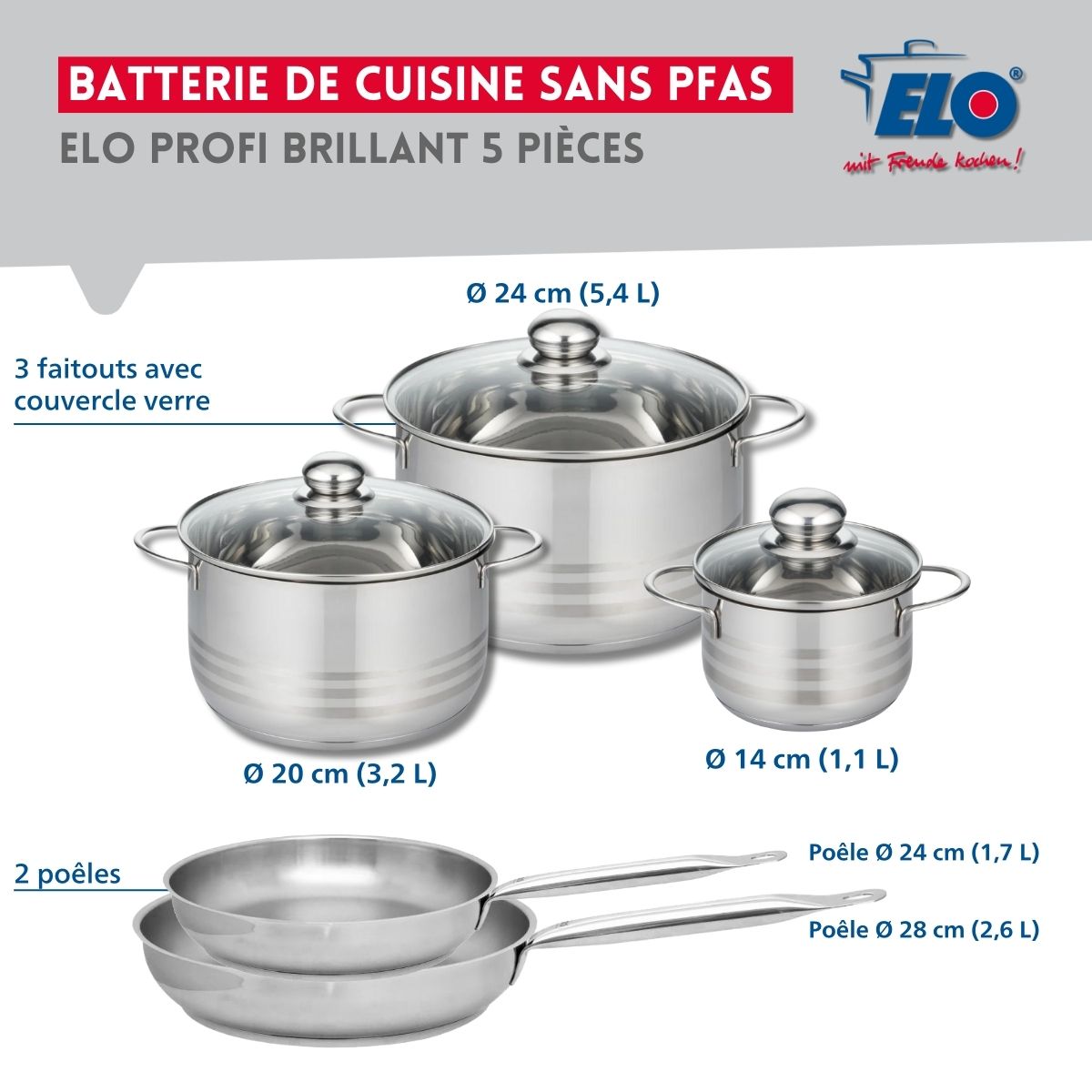 Ensemble de 2 Poêles de cuisson 24 et 28 cm et 3 faitouts 14, 20 et 24 cm  Profi Brillant Elo - Mathon - 2