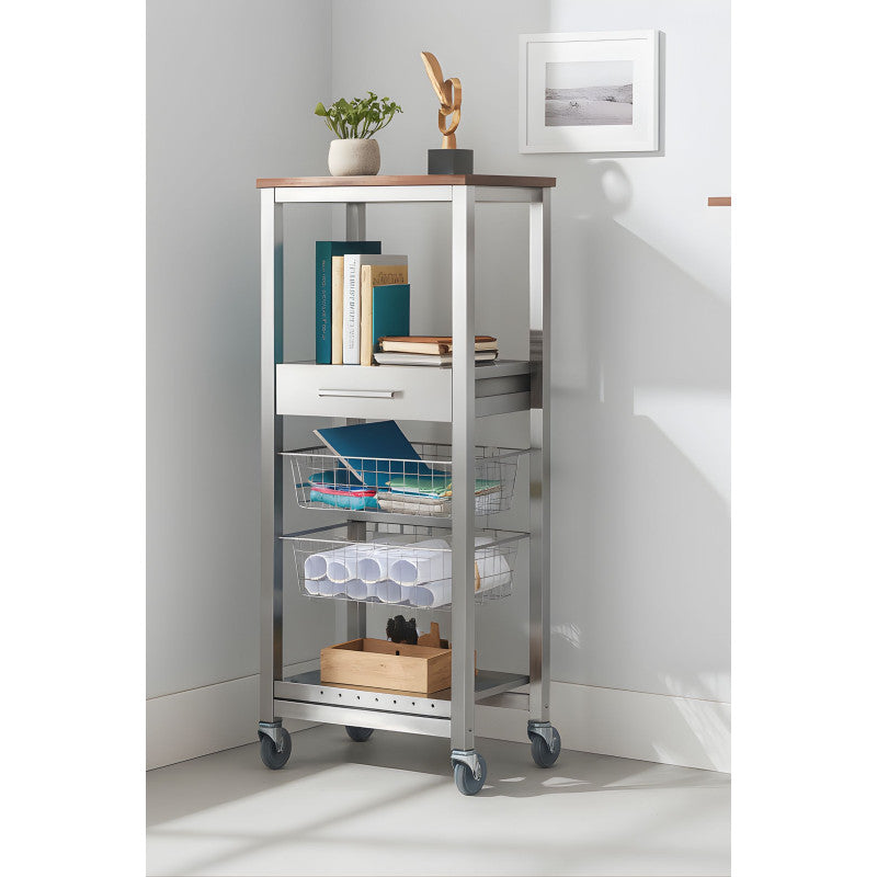 Desserte de cuisine onda alto – meuble métallique finition aluminium avec 2 paniers, tiroir, porte-bouteilles Don Hierro - Mathon - 6