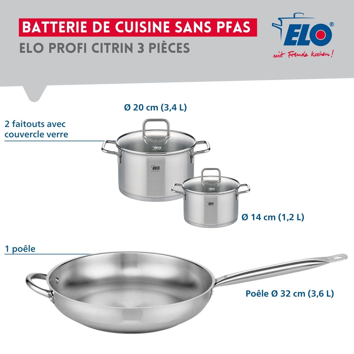 Ensemble de 1 Poêle de cuisson 32 cm et 2 faitouts 14 et 20 cm  Profi Citrin Elo - Mathon - 2