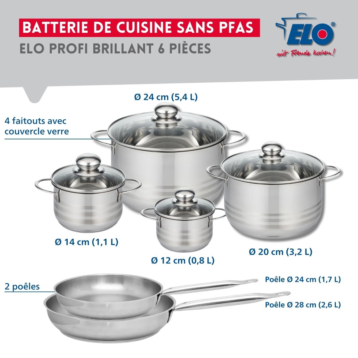 Ensemble de 2 Poêles de cuisson 24 et 28 cm et 4 faitouts 12, 14, 20 et 24 cm  Profi Brillant Elo - Mathon - 2