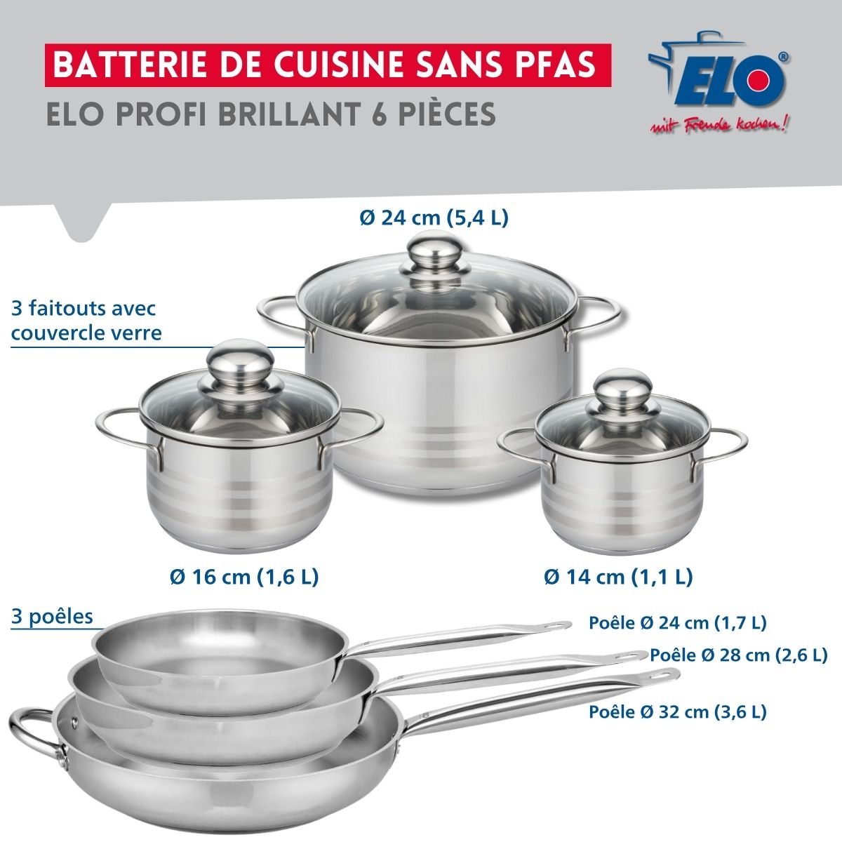 Ensemble de 3 Poêles de cuisson 24, 28 et 32 cm et 3 faitouts 14, 16 et 24 cm  Profi Brillant Elo - Mathon - 2