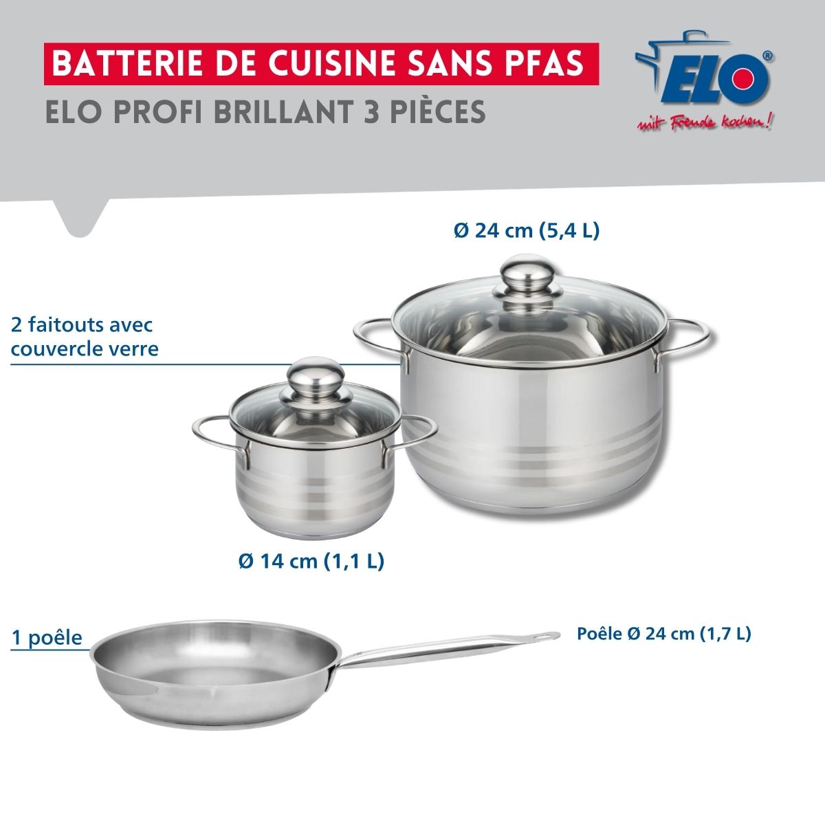 Ensemble de 1 Poêle de cuisson 24 cm et 2 faitouts 14 et 24 cm  Profi Brillant Elo - Mathon - 2