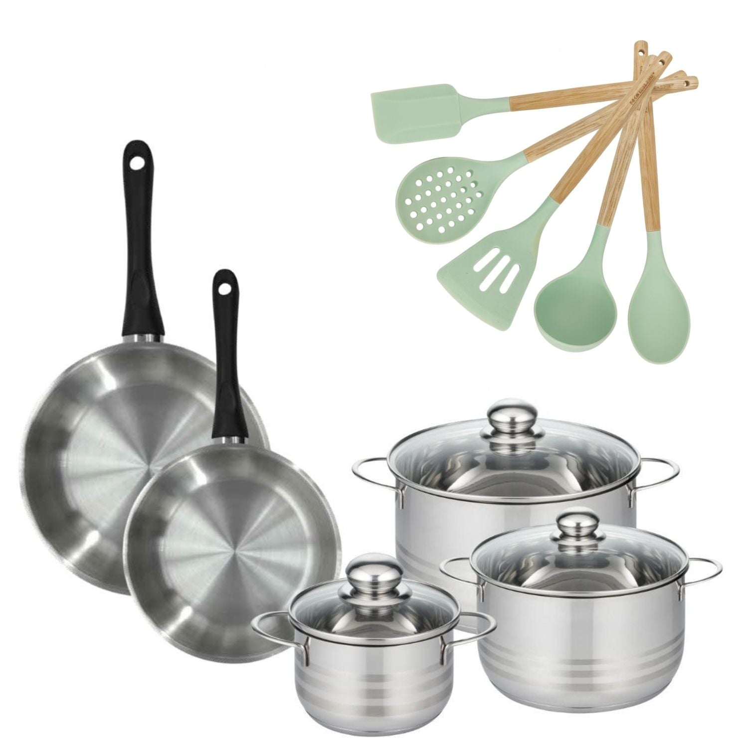 Lot 2 Poêles 24/28cm  Geneva avec 3 Faitouts 16/20/24cm et 5 ustensiles Fackelmann - Mathon - 1