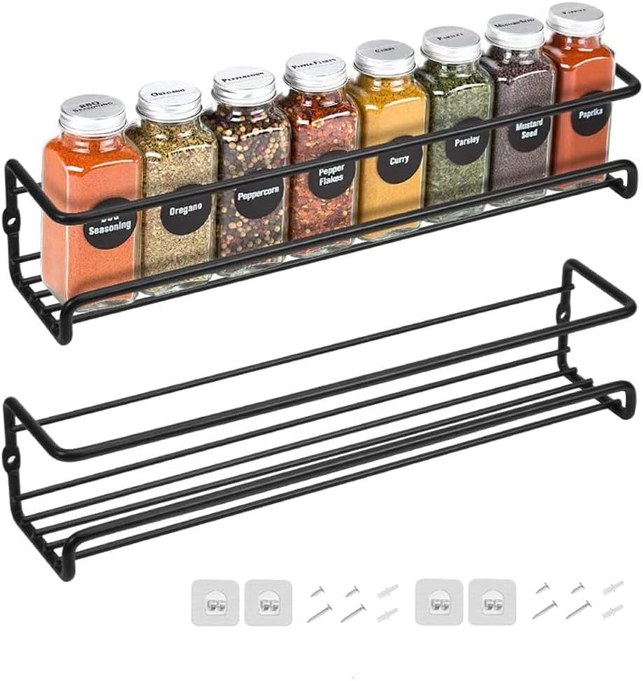 Lot de 2 étagères à épices murales en métal à suspendre avec adhésif ou montage à vis Noir Vendos85 - Mathon