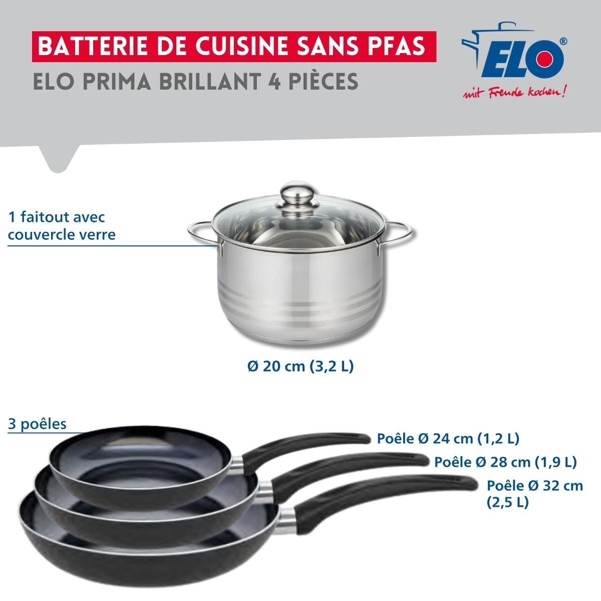 Ensemble de 3 Poêles de cuisson 24, 28 et 32 cm et 1 faitout 20 cm  Prima Brillant Elo - Mathon - 2
