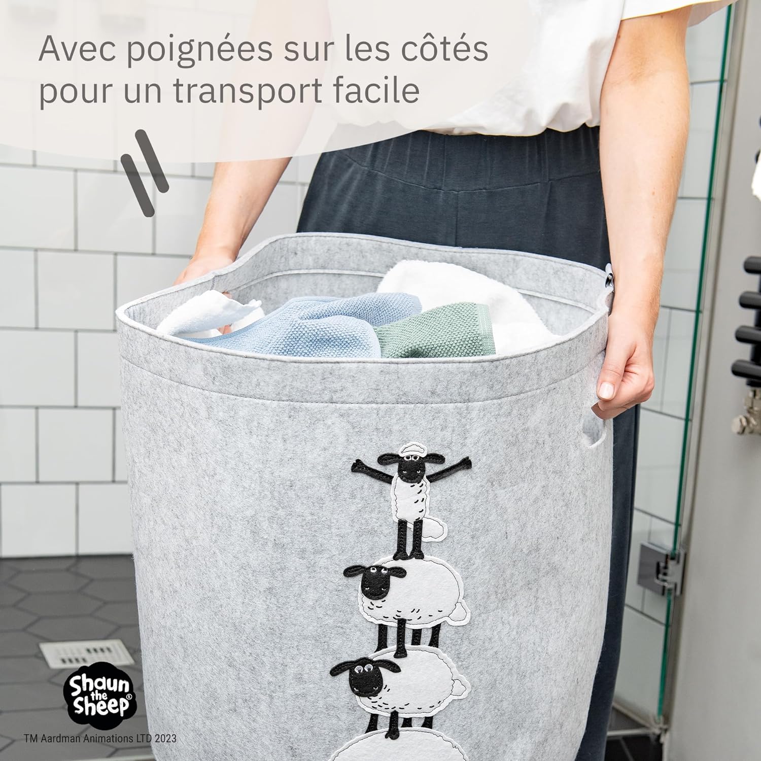 Panier à linge sale gris en feutre motif 4 moutons Lifeney Shaun le mouton Fackelmann - Mathon - 7