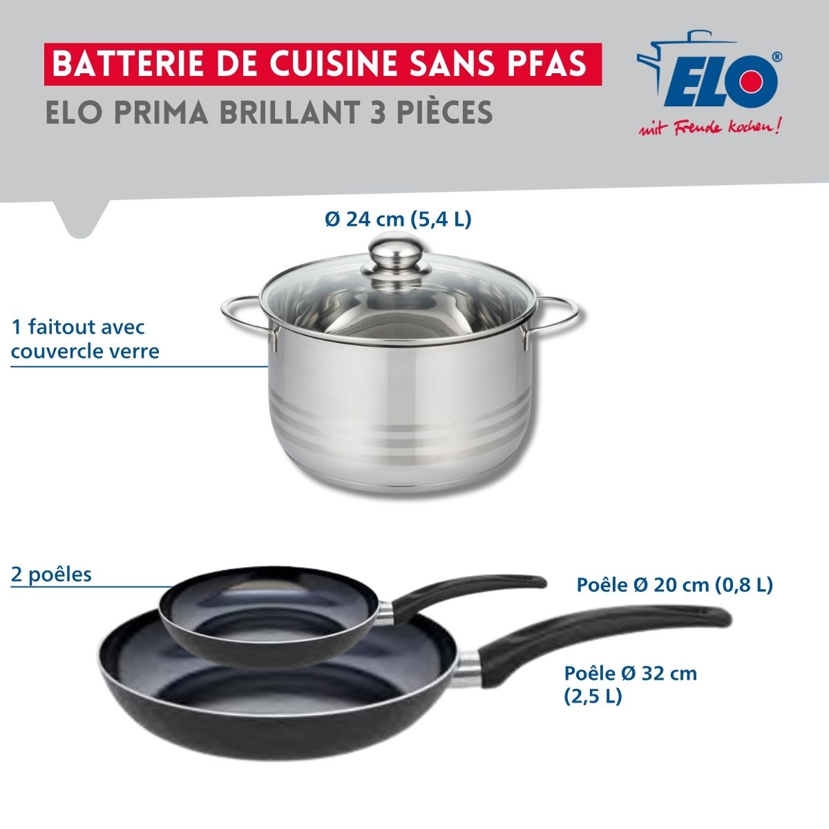 Ensemble de 2 Poêles de cuisson 20 et 32 cm et 1 faitout 24 cm  Prima Brillant Elo - Mathon - 2