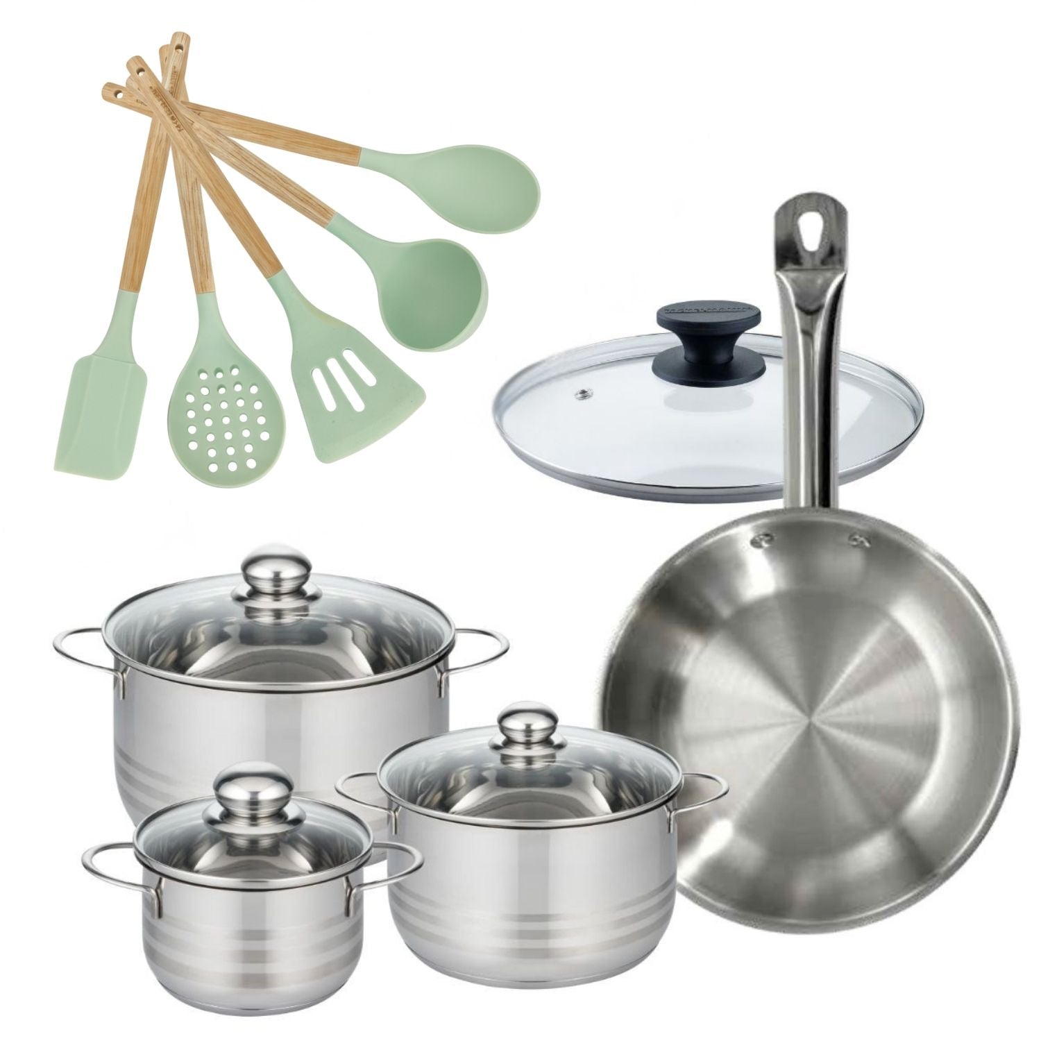 Lot de 3 Faitouts 16/20/24cm et 1 Poêle 28cm  Etherna avec 5 ustensiles Fackelmann - Mathon - 1