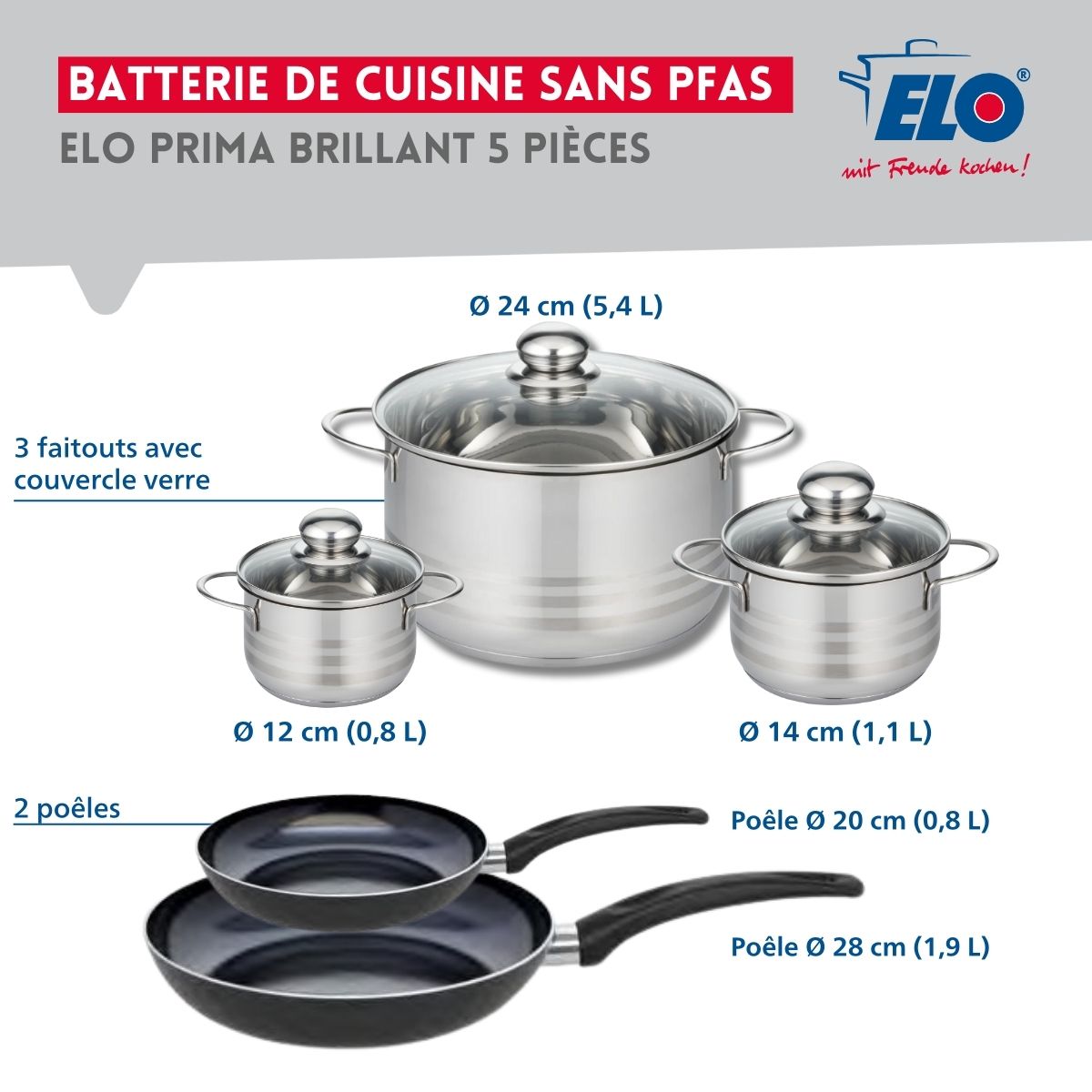 Ensemble de 2 Poêles de cuisson 20 et 28 cm et 3 faitouts 12, 14 et 24 cm  Prima Brillant Elo - Mathon - 2