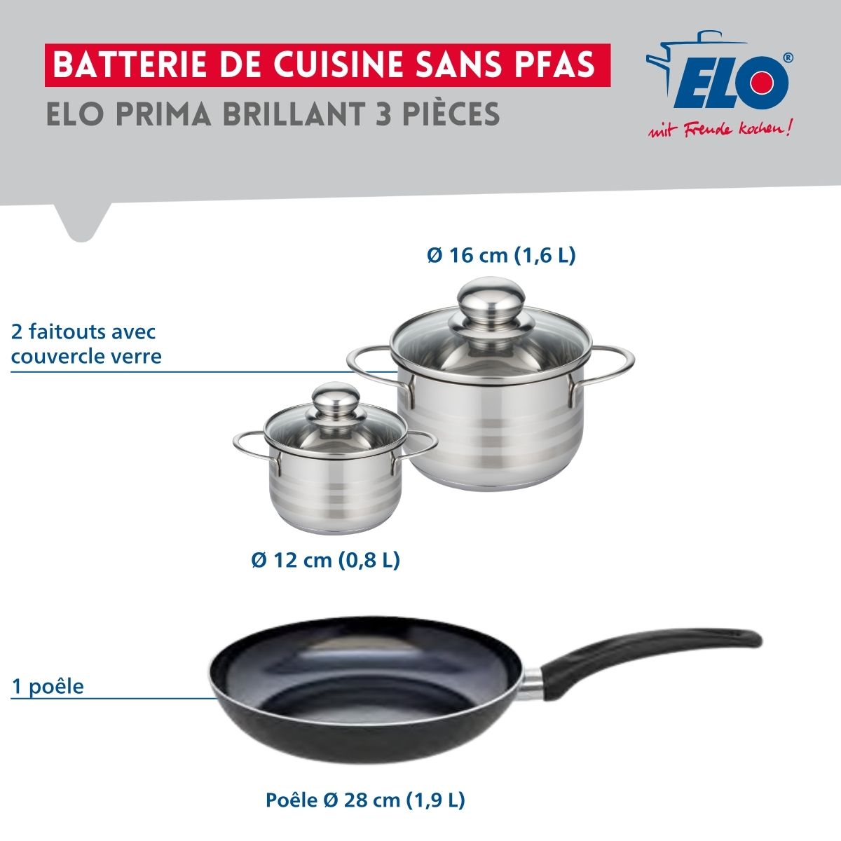 Ensemble de 1 Poêle de cuisson 28 cm et 2 faitouts 12 et 16 cm  Prima Brillant Elo - Mathon - 2