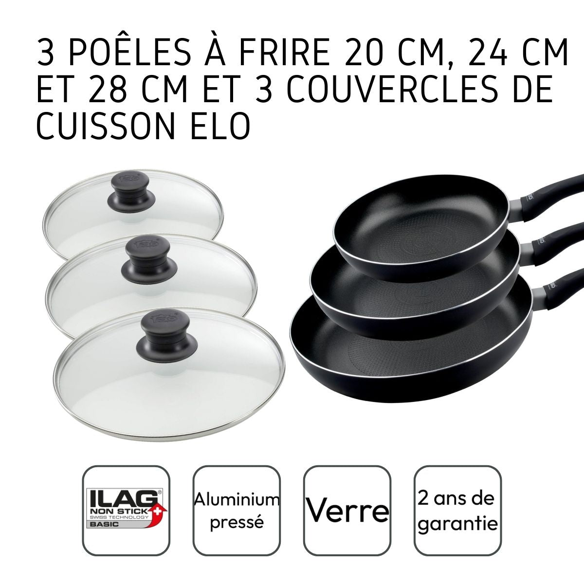 Lot de 3 poêles à frire 20, 24 et 28 cm et 3 couvercles  Smart Life Elo - Mathon - 4