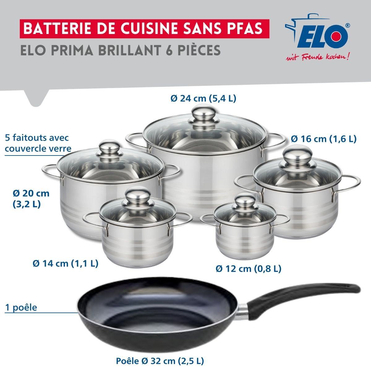 Ensemble de 1 Poêle de cuisson 32 cm et 5 faitouts 12, 14, 16, 20 et 24 cm  Prima Brillant Elo - Mathon - 2