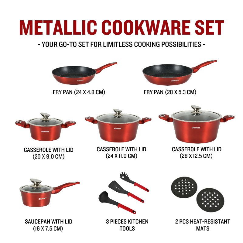 Batterie de cuisine 15 pièces avec revêtement en marbre Rouge Herzberg HGMETRD15-RED Herzberg - Mathon - 3