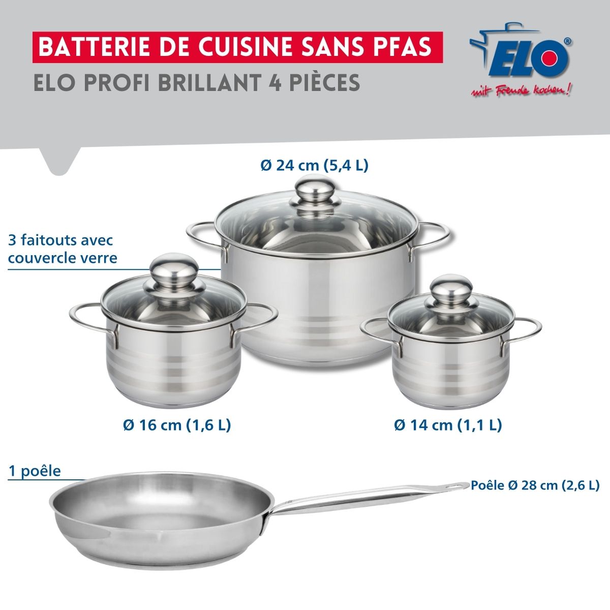 Ensemble de 1 Poêle de cuisson 28 cm et 3 faitouts 14, 16 et 24 cm  Profi Brillant Elo - Mathon - 2
