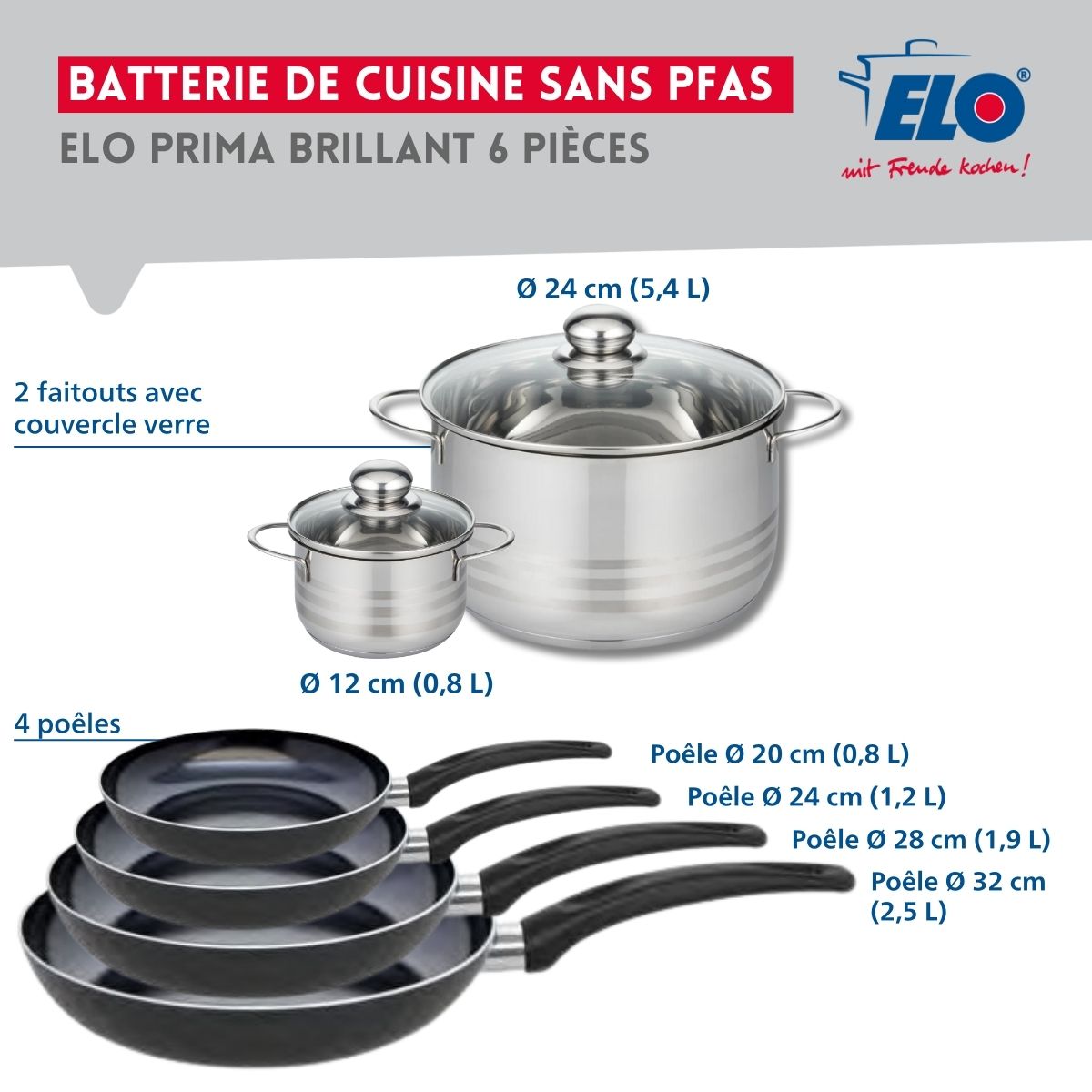 Ensemble de 4 Poêles de cuisson 20, 24, 28 et 32 cm et 2 faitouts 12 et 24 cm  Prima Brillant Elo - Mathon - 2