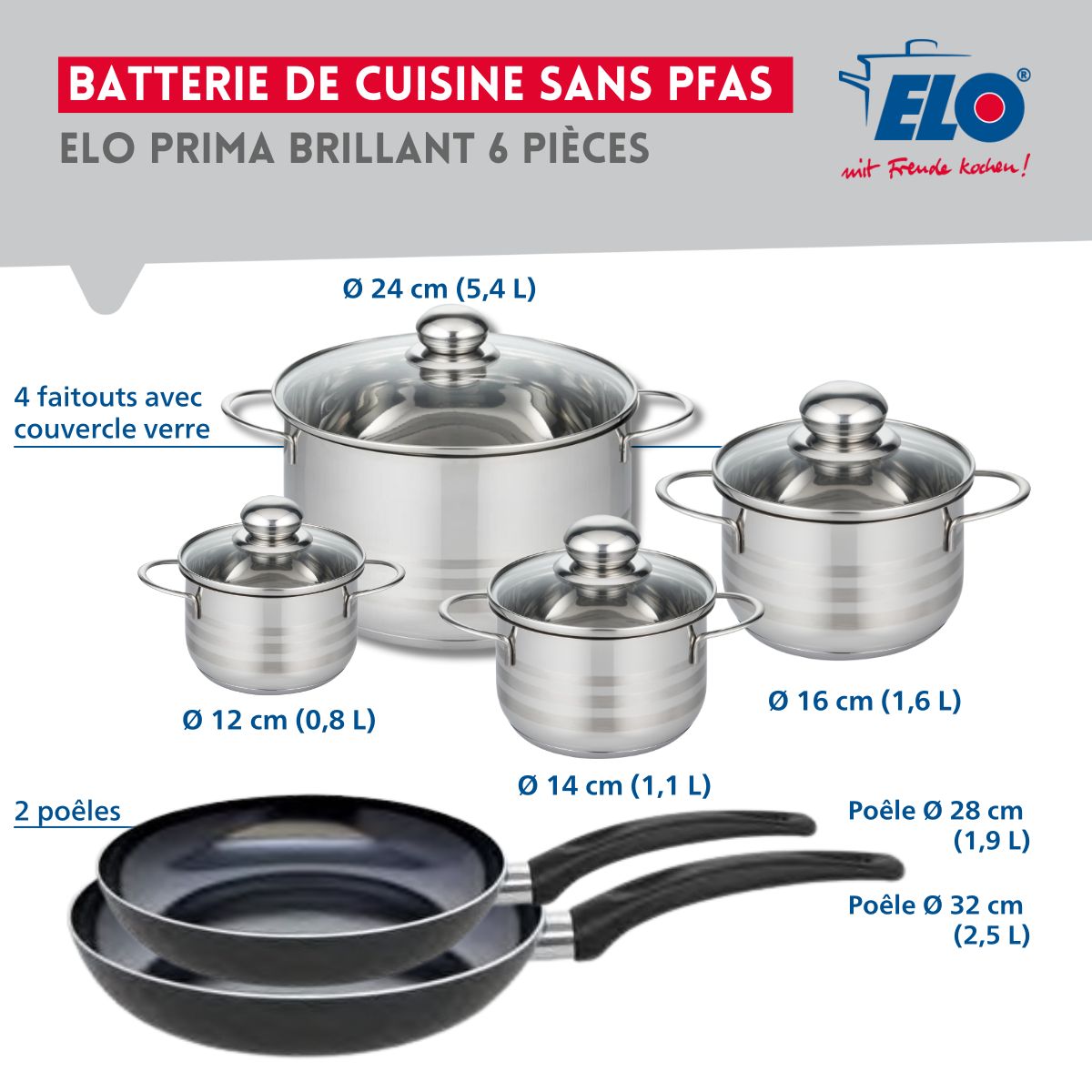 Ensemble de 2 Poêles de cuisson 28 et 32 cm et 4 faitouts 12, 14, 16 et 24 cm  Prima Brillant Elo - Mathon - 2