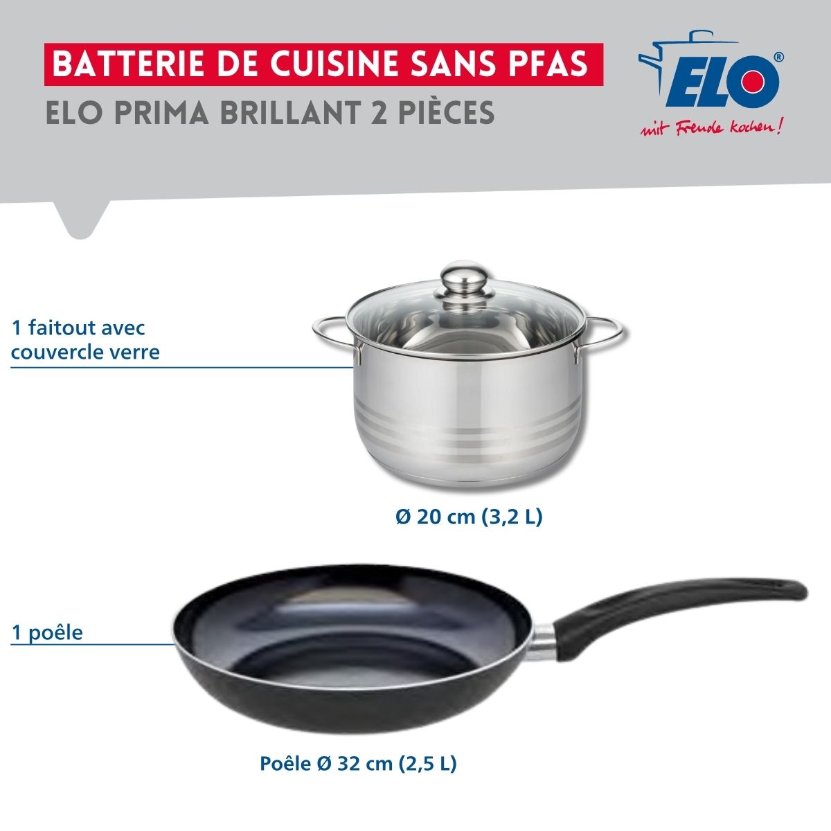 Ensemble de 1 Poêle de cuisson 32 cm et 1 faitout 20 cm  Prima Brillant Elo - Mathon - 2