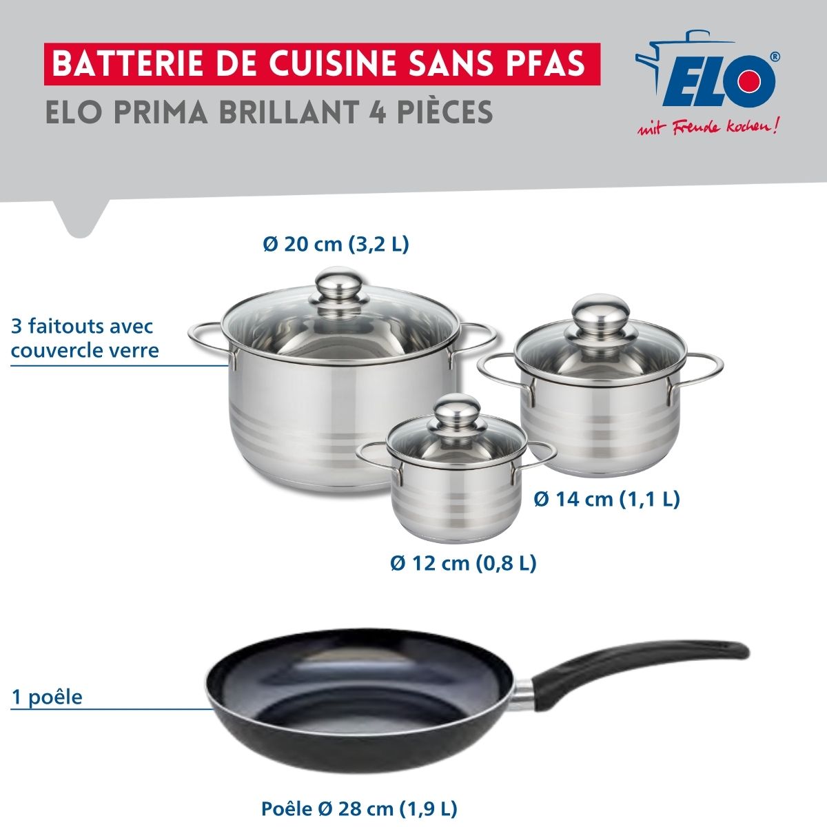 Ensemble de 1 Poêle de cuisson 28 cm et 3 faitouts 12, 14 et 20 cm  Prima Brillant Elo - Mathon - 2