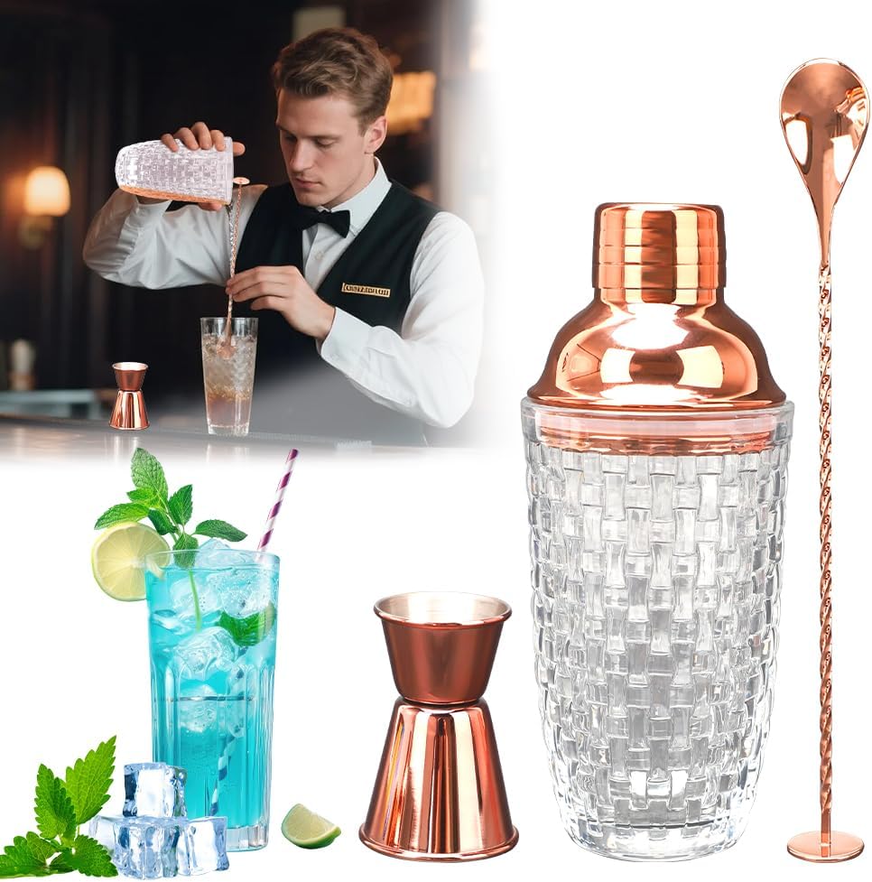 Shaker à Cocktail en Verre 400 ml avec Accessoires Or Rose Vendos85 - Mathon