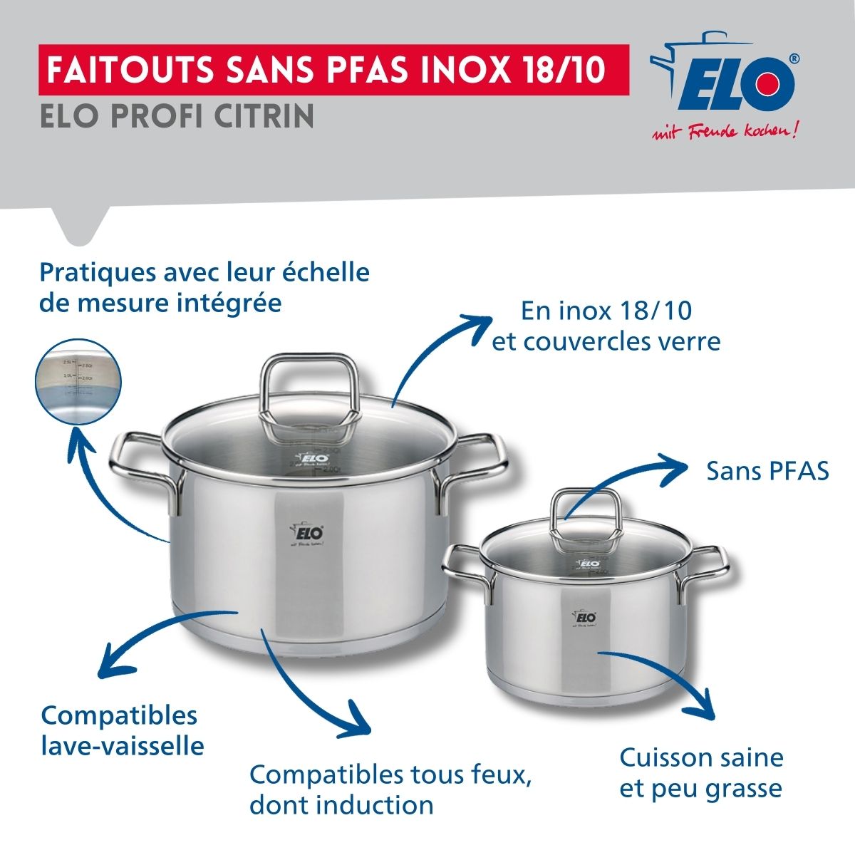 Ensemble de 3 Poêles de cuisson 24, 28 et 32 cm et 2 faitouts 14 et 20 cm  Profi Citrin Elo - Mathon - 3