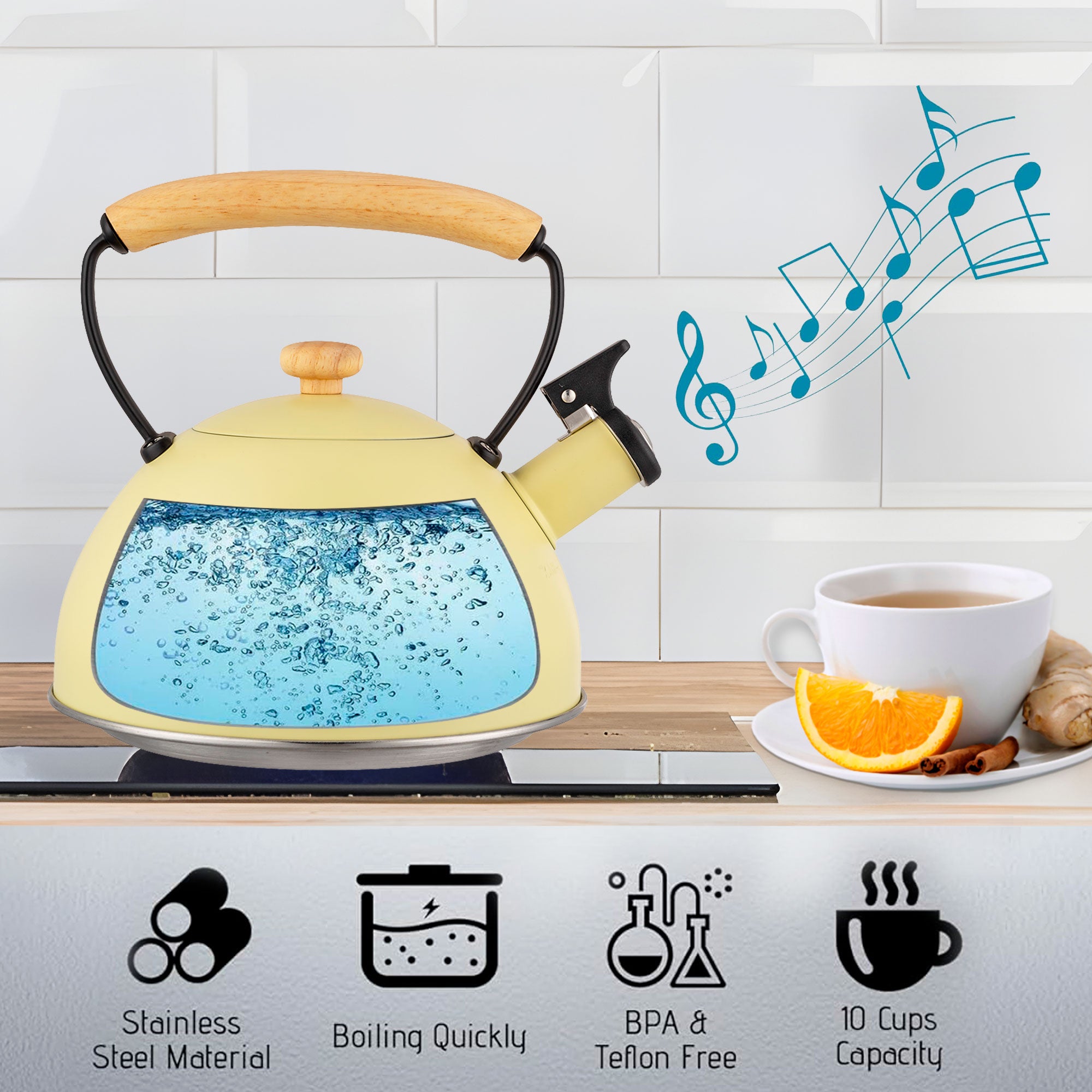 Bouilloire à Induction Théière Sifflet 2,3L  Acier Inox. Retro, Poignée en Bois  Jaune Pastel - Mathon - 3