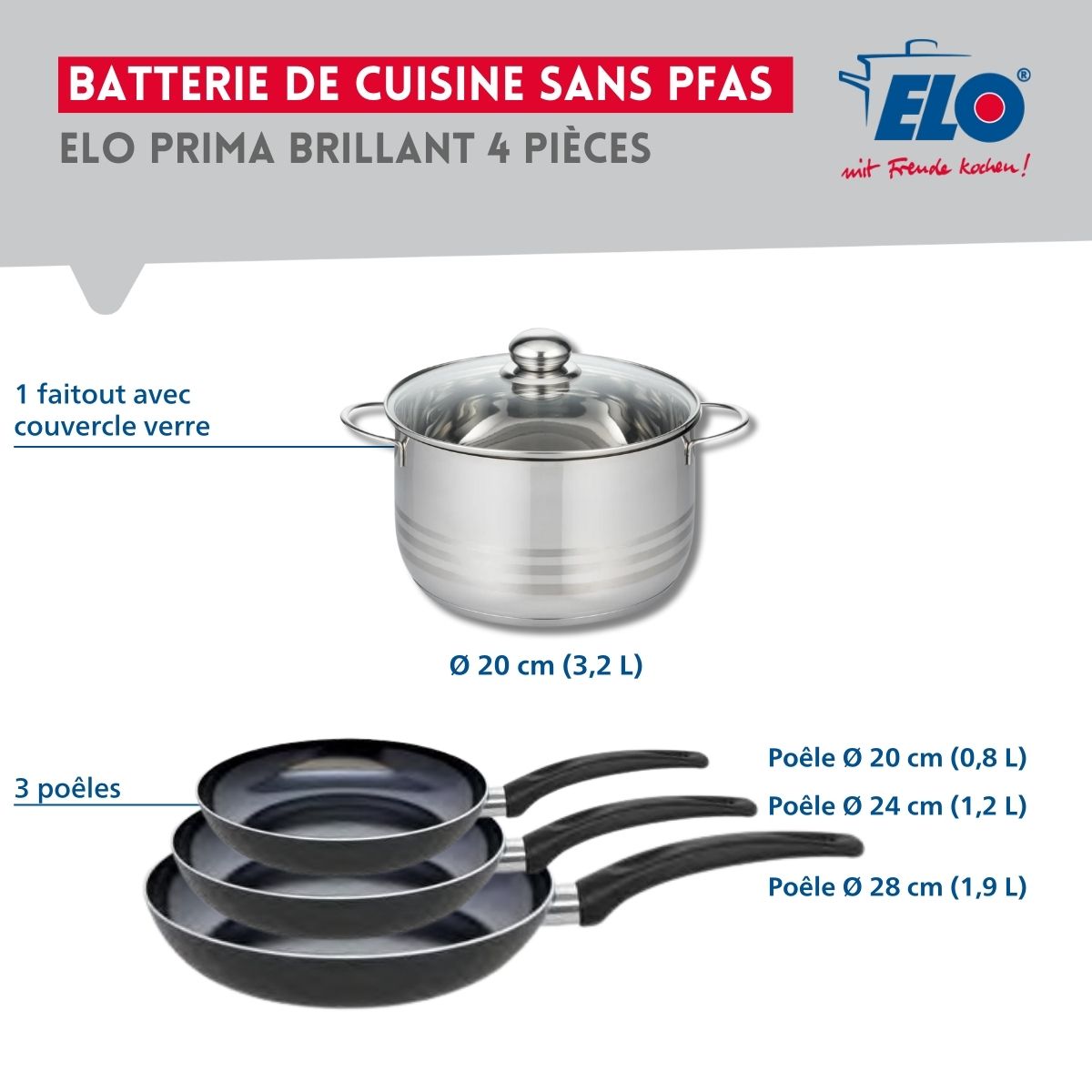 Ensemble de 3 Poêles de cuisson 20, 24 et 28 cm et 1 faitout 20 cm  Prima Brillant Elo - Mathon - 2