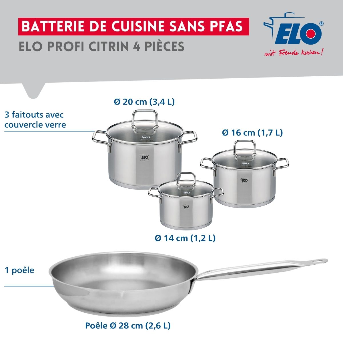 Ensemble de 1 Poêle de cuisson 28 cm et 3 faitouts 14, 16 et 20 cm  Profi Citrin Elo - Mathon - 2