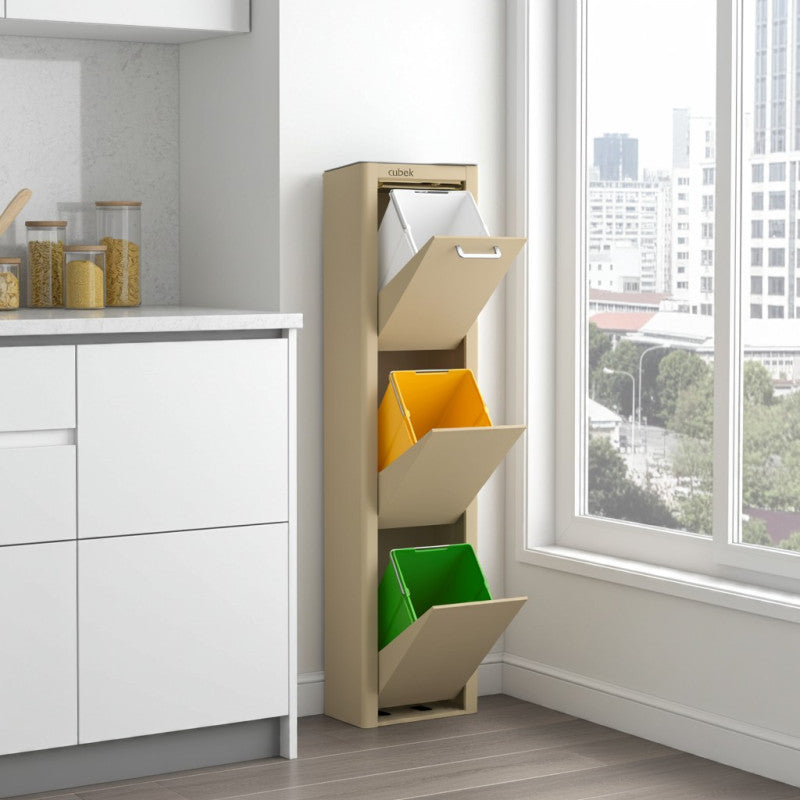 Poubelle cuisine de tri sélectif CUBEK, 3 compartiments de 20 litres, Couleur Sable Don Hierro - Mathon - 2