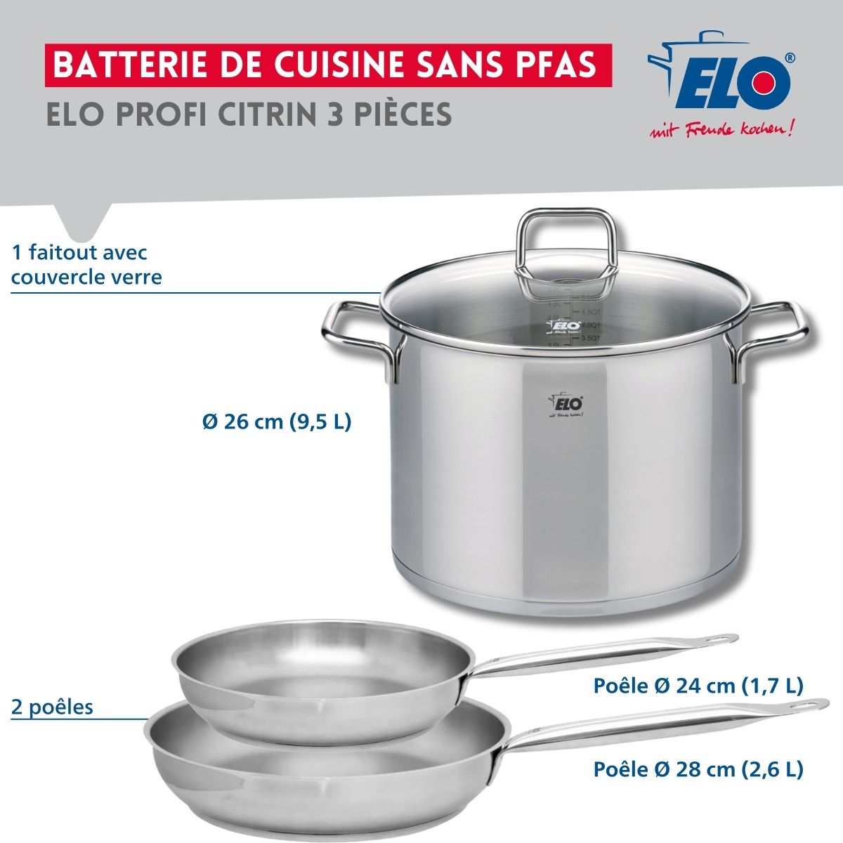 Set de 2 Poêles de cuisson 24 et 28 cm et 1 faitout 26 cm  Profi Citrin Elo - Mathon - 2