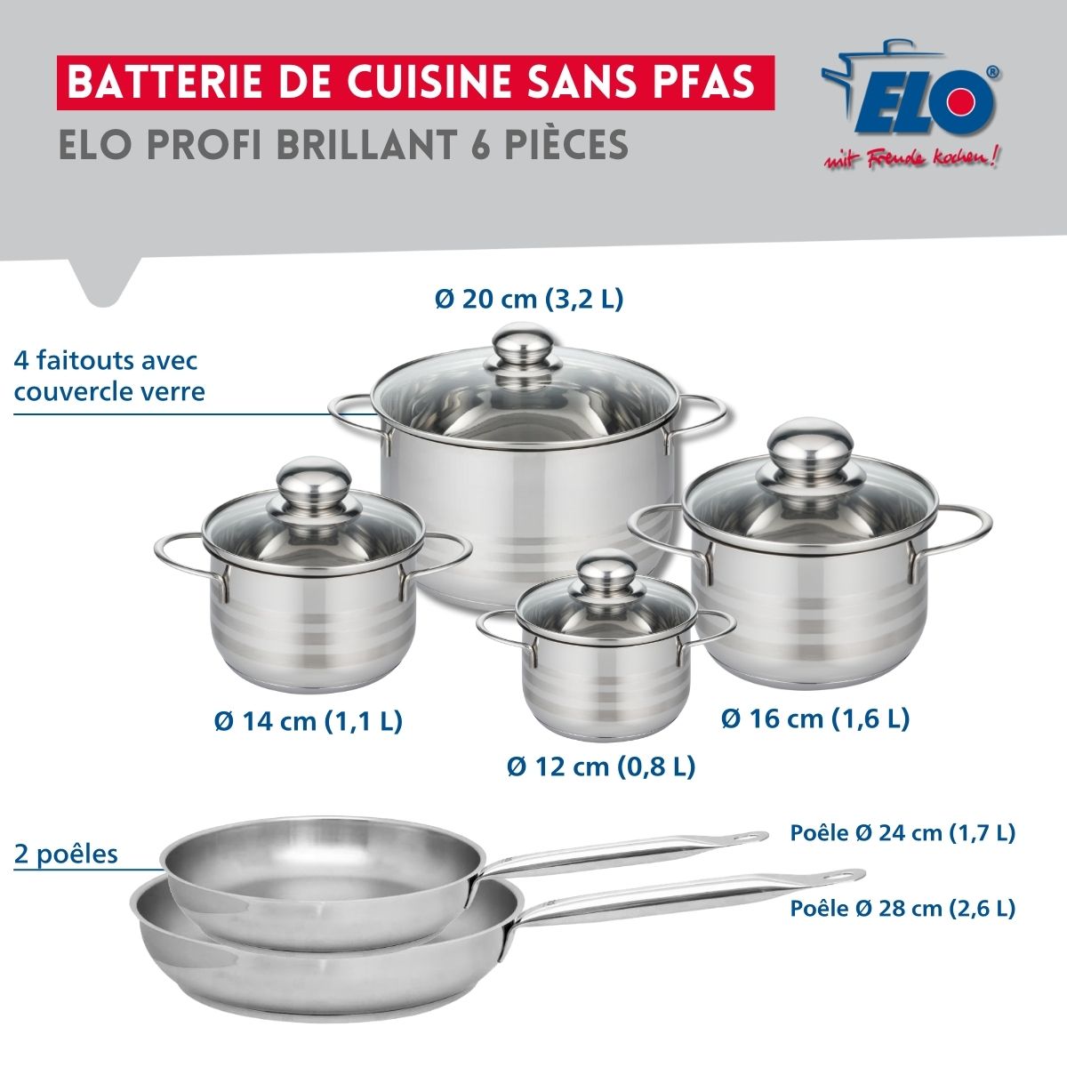 Ensemble de 2 Poêles de cuisson 24 et 28 cm et 4 faitouts 12, 14, 16 et 20 cm  Profi Brillant Elo - Mathon - 2
