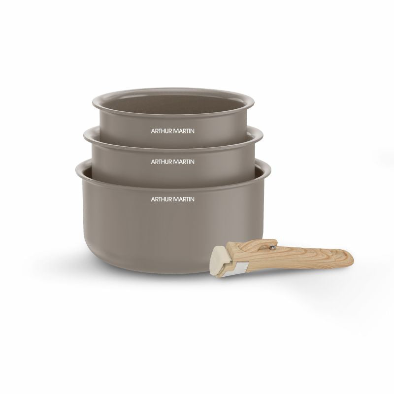 Set de 3 casseroles 16-18-20 cm poignée amovible Taupe Arthur Martin AM1122 Arthur Martin - Mathon - 1