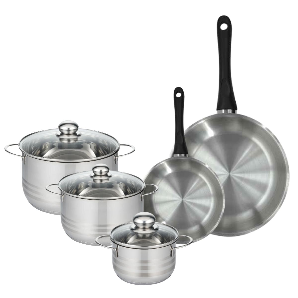 Set de 2 poêles 20 et 28 cm en inox et 3 faitouts inox 16, 20 et 24 cm  Geneva Fackelmann - Mathon - 1