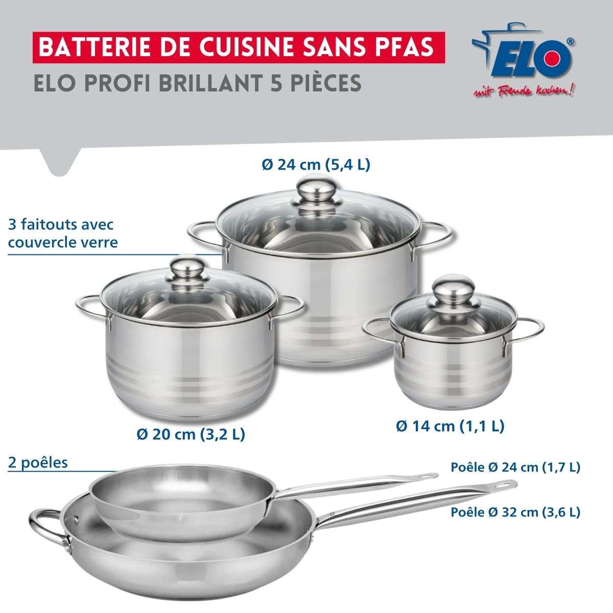 Ensemble de 2 Poêles de cuisson 24 et 32 cm et 3 faitouts 14, 20 et 24 cm  Profi Brillant Elo - Mathon - 2