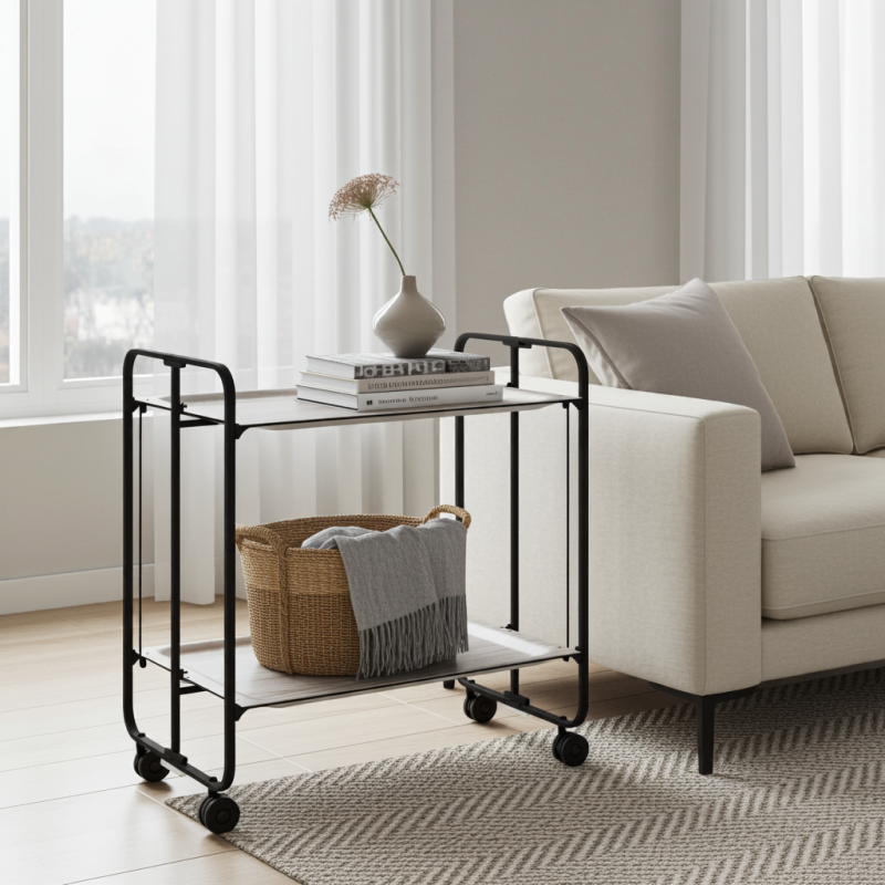 Desserte pliante 2 niveaux avec roulettes – structure noire, bauhaus Don Hierro - Mathon - 2