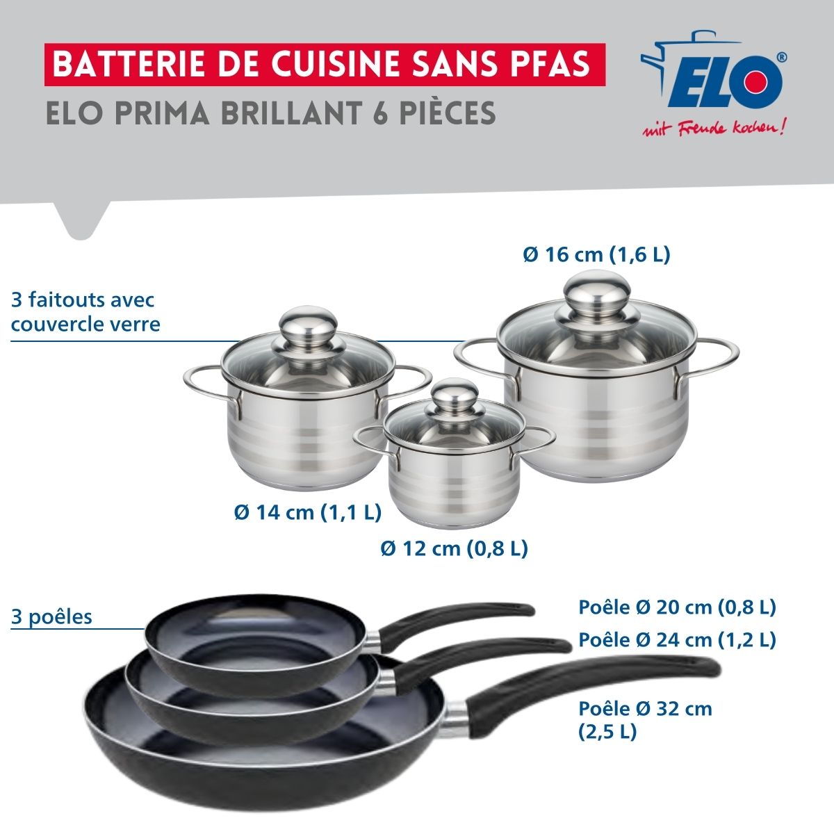 Ensemble de 3 Poêles de cuisson 20, 24 et 32 cm et 3 faitouts 12, 14 et 16 cm  Prima Brillant Elo - Mathon - 2
